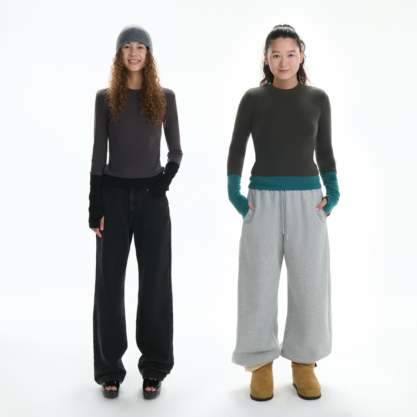 RA everyday 假两件撞色天丝长袖T恤 深灰黑/灰绿湖蓝