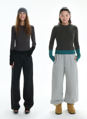 RA everyday 假两件撞色天丝长袖T恤 深灰黑/灰绿湖蓝