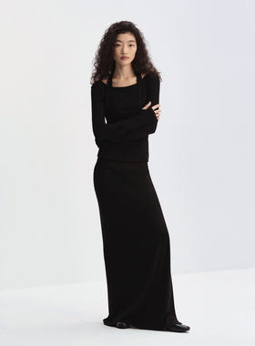 RA everyday 假两件挂脖修身长袖T恤 黑色/白色