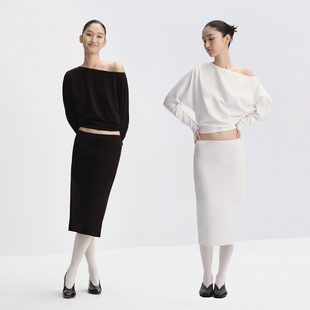 everyday 黑色 斜肩蝙蝠袖 T恤 白色 收腰长袖