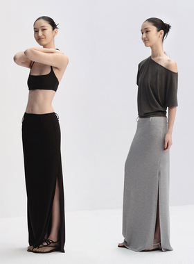 RA everyday 经典优雅弹力Slip-on侧开叉长半裙 黑色/灰色