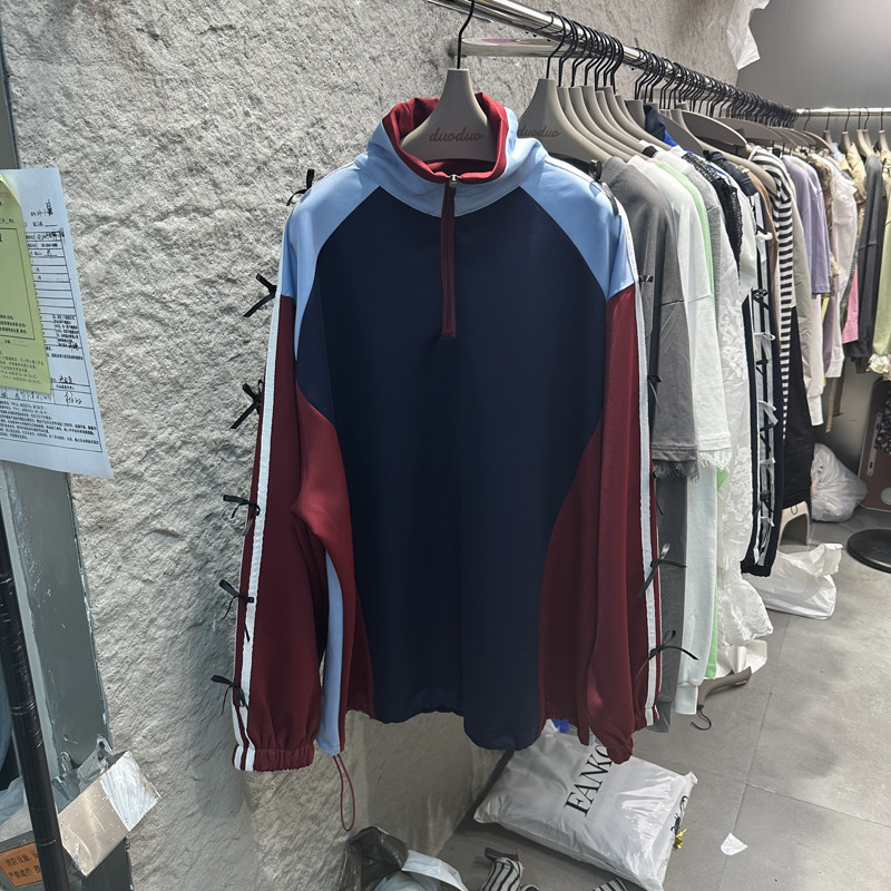 三杠边条打结拼色宽松套头风衣