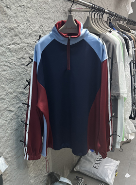 DUODUO 春季新款翻领三杠边条打结拼色宽松套头风衣外套9012