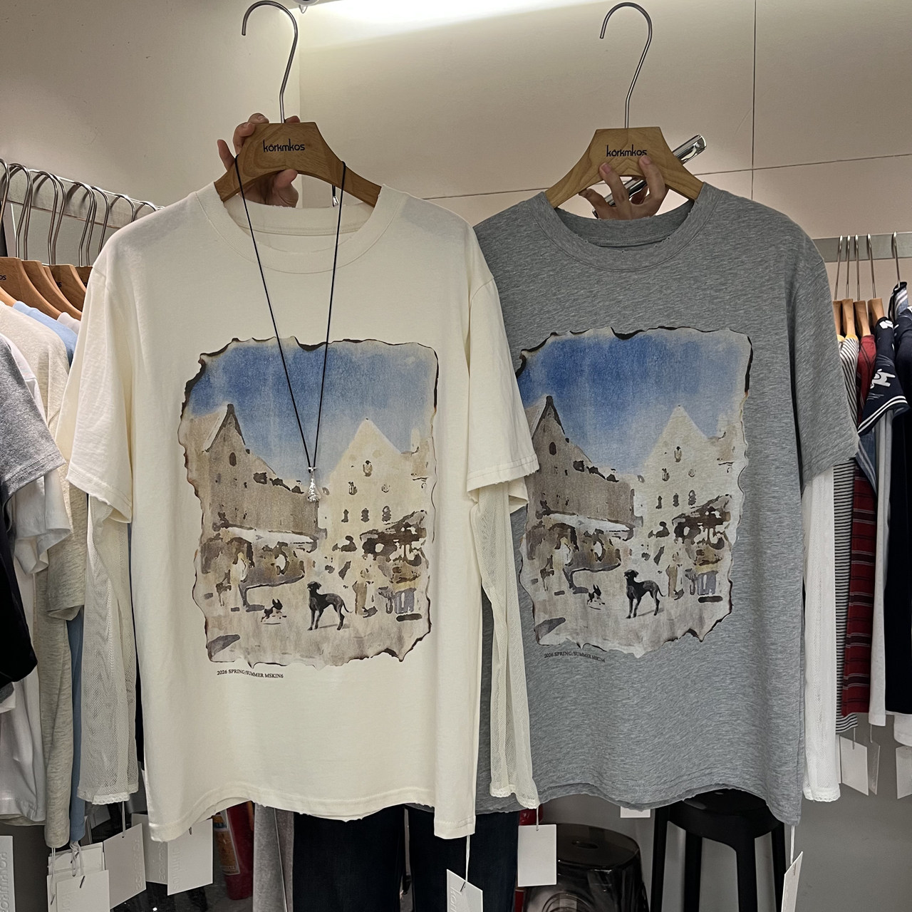 HANMIGAO 圆领卡通小狗图案拼接袖假两件T恤百搭上衣70193