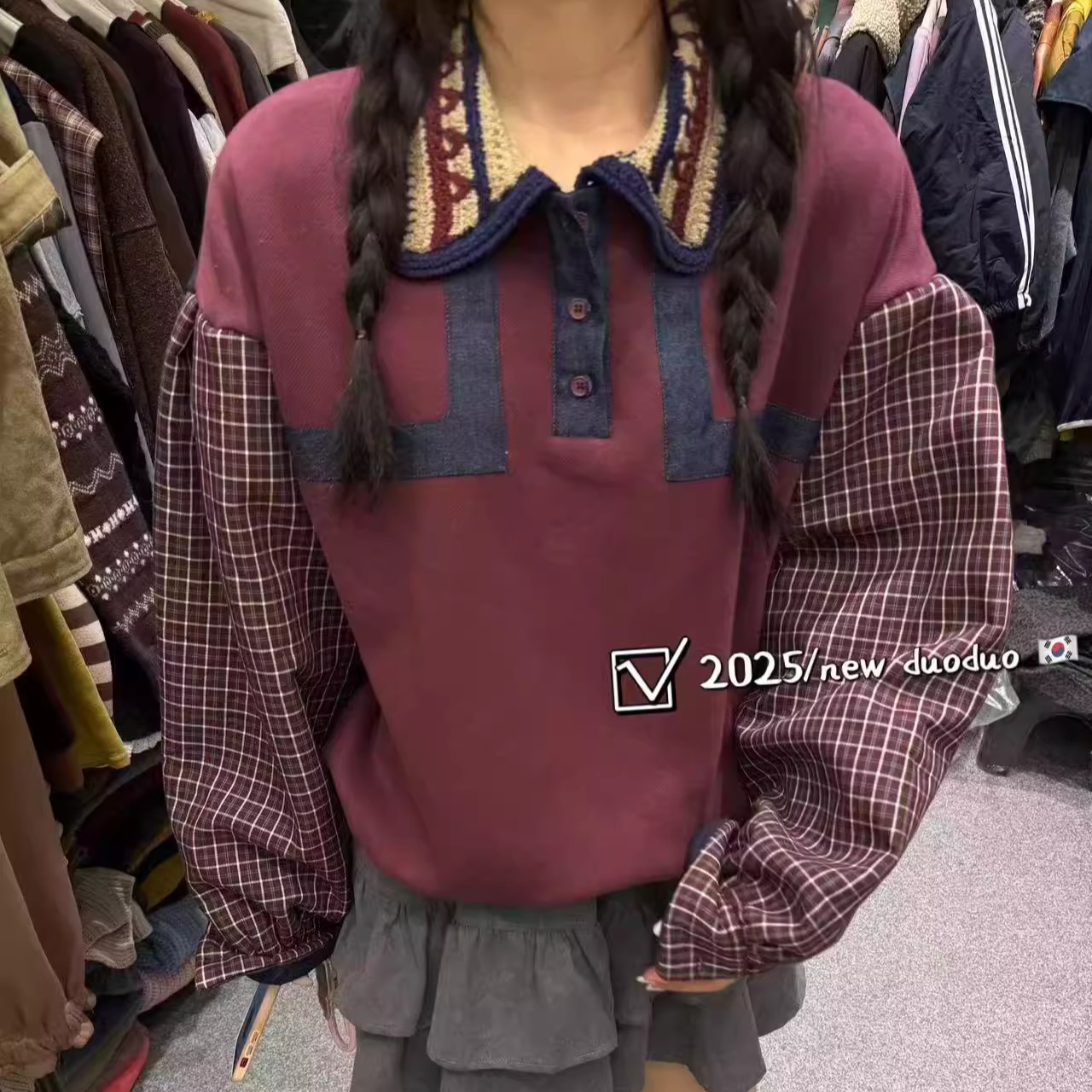 翻领拼接格子袖假两件套头卫衣