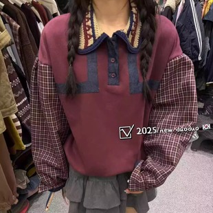 DUODUO 假两件套头卫衣上衣 复古翻领拼接格子袖
