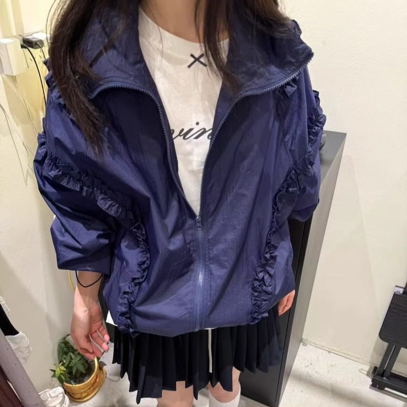 立体荷叶边纯色薄款风衣外套