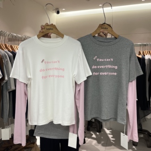 HANMIGAO 假两件T恤百搭上衣70107 圆领字母图案拼接袖