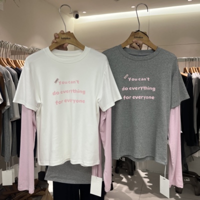 字母图案拼接袖假两件T恤上衣