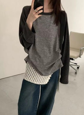 FROMSEVEN 圆领插肩袖拼色高级感磨毛长袖T恤上衣