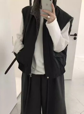 FROMSEVEN 翻领纯色羊羔毛内里保暖帅气工装马夹背心外套