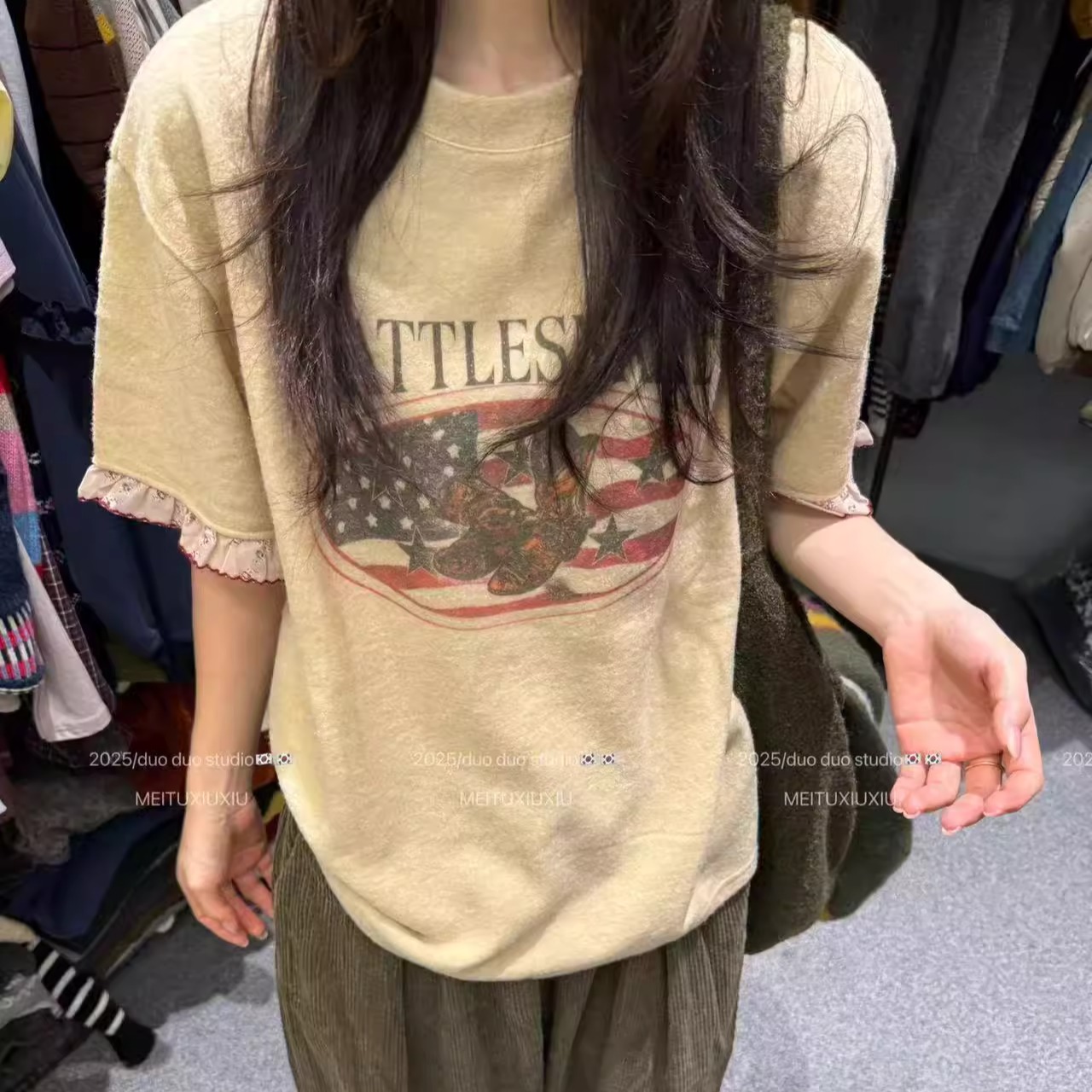 DUODUO圆领美式字母图案T恤