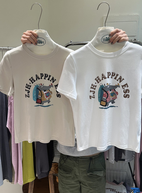 MISSHAPPY 春夏新款圆领字母卡通图案宽松短袖T恤百搭打底衫36685