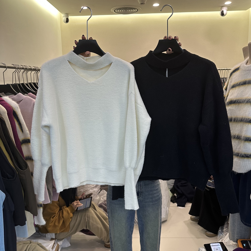 镂空纯色宽松套头长袖针织衫毛衣