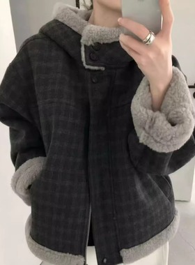 FROMSEVEN 连帽领格子高级感羊羔毛内里保暖外套