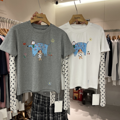 字母卡通拼接波点袖假两件T恤