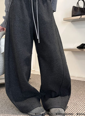 喜大东 抽绳松紧腰纯色宽松阔腿加绒保暖休闲裤卫裤弯刀裤66397