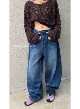 WUU 高腰洗水纹显瘦宽松阔腿牛仔裤弯刀裤