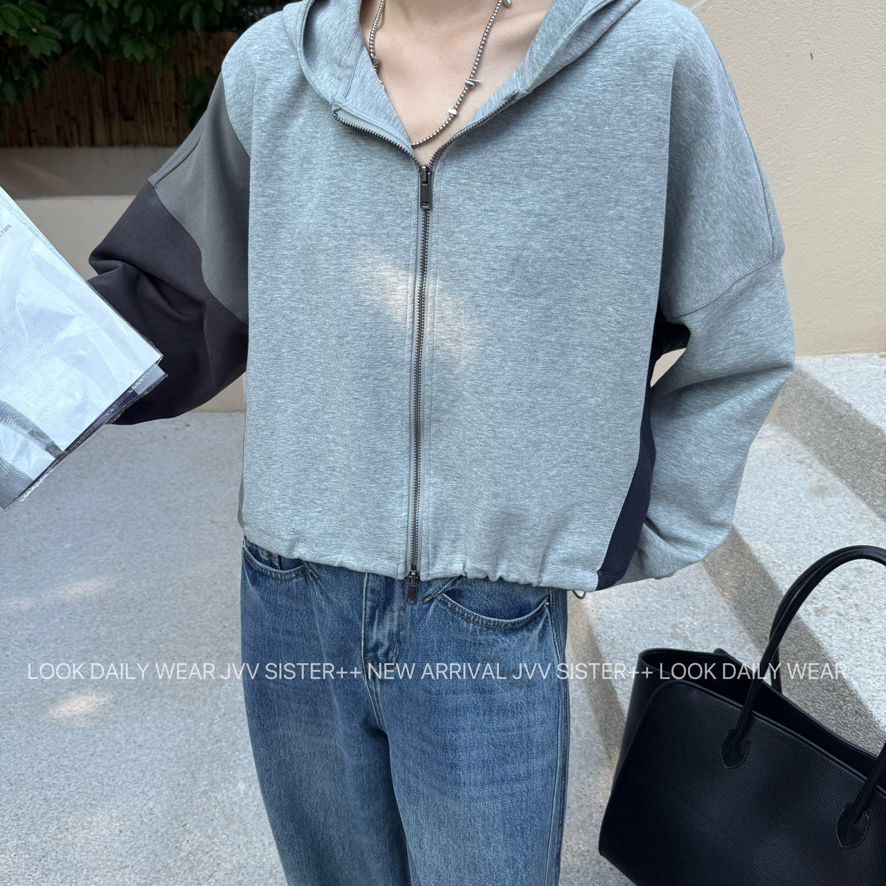 抽绳松紧设计感拼色卫衣