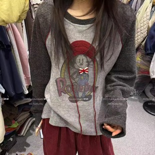 T恤上衣 拼色磨毛长袖 DUODUO 圆领卡通图案插肩袖