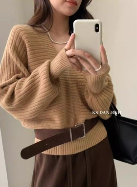 KISS SISTER V领纯色高级感泡泡袖套头针织衫毛衣83213