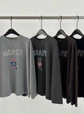 FROMSEVEN 圆领字母卡通图案宽松长袖T恤百搭上衣打底衫