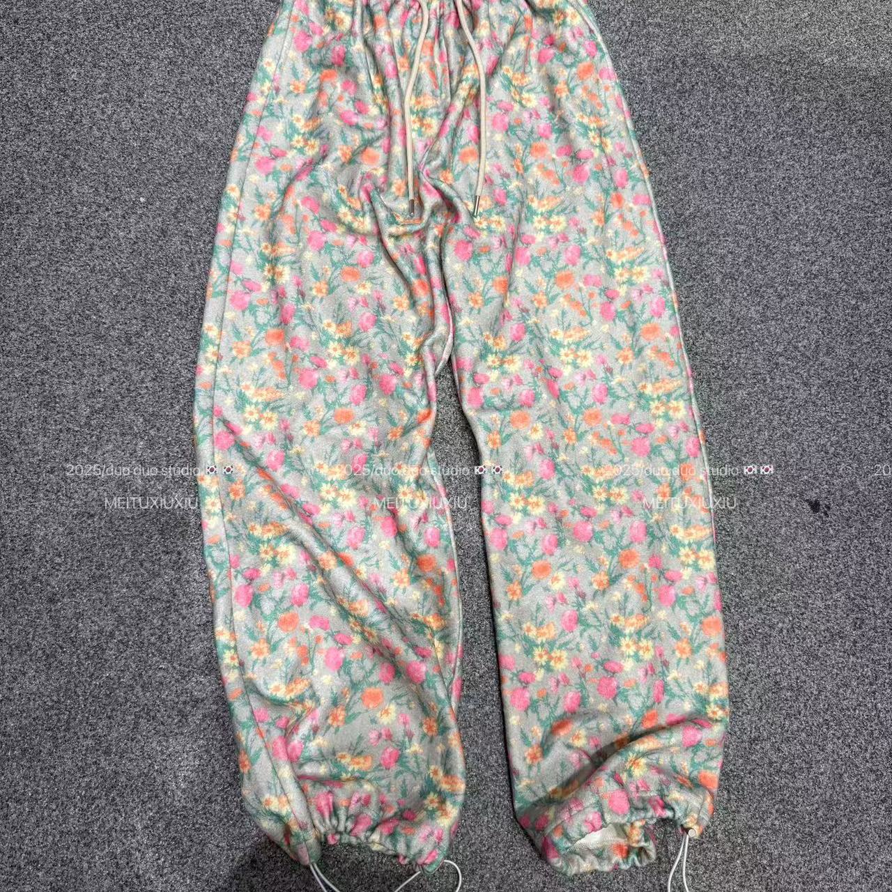 DUODUO抽绳松紧腰小碎花休闲裤