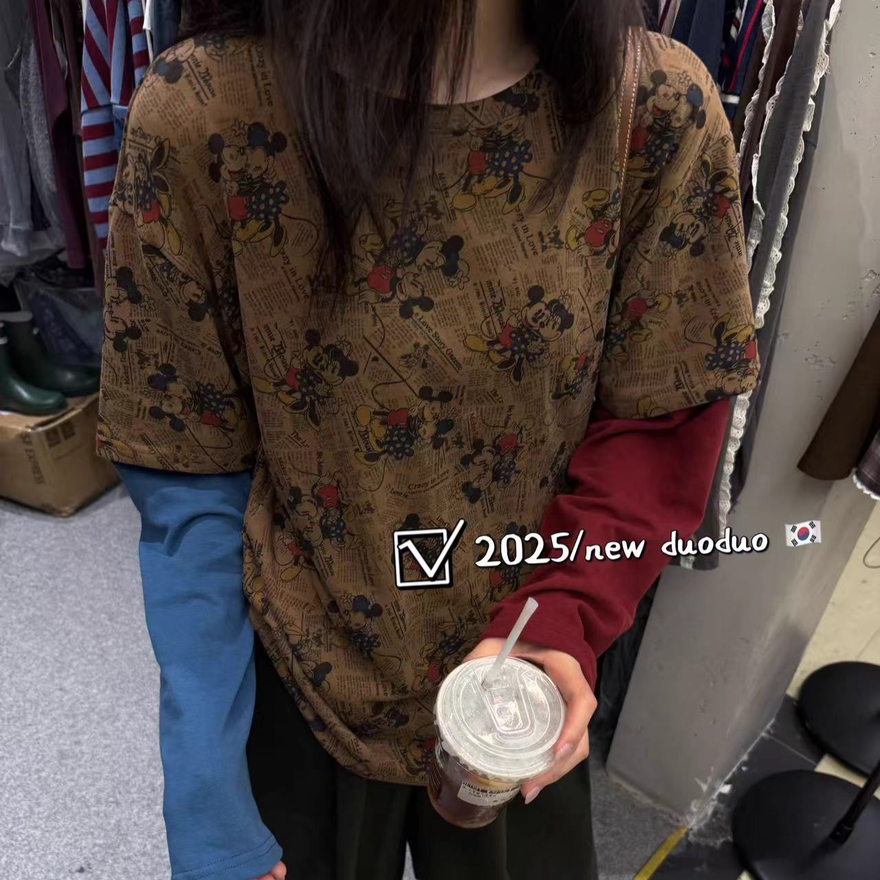 字母卡通图案拼接袖假两件T恤