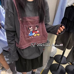 DUODUO 卡通图案马夹拼接圆领纯色假两件T恤上衣