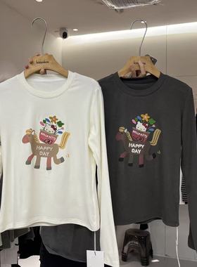HANMIGAO 圆领字母卡通图案修身长袖T恤百搭打底衫63622