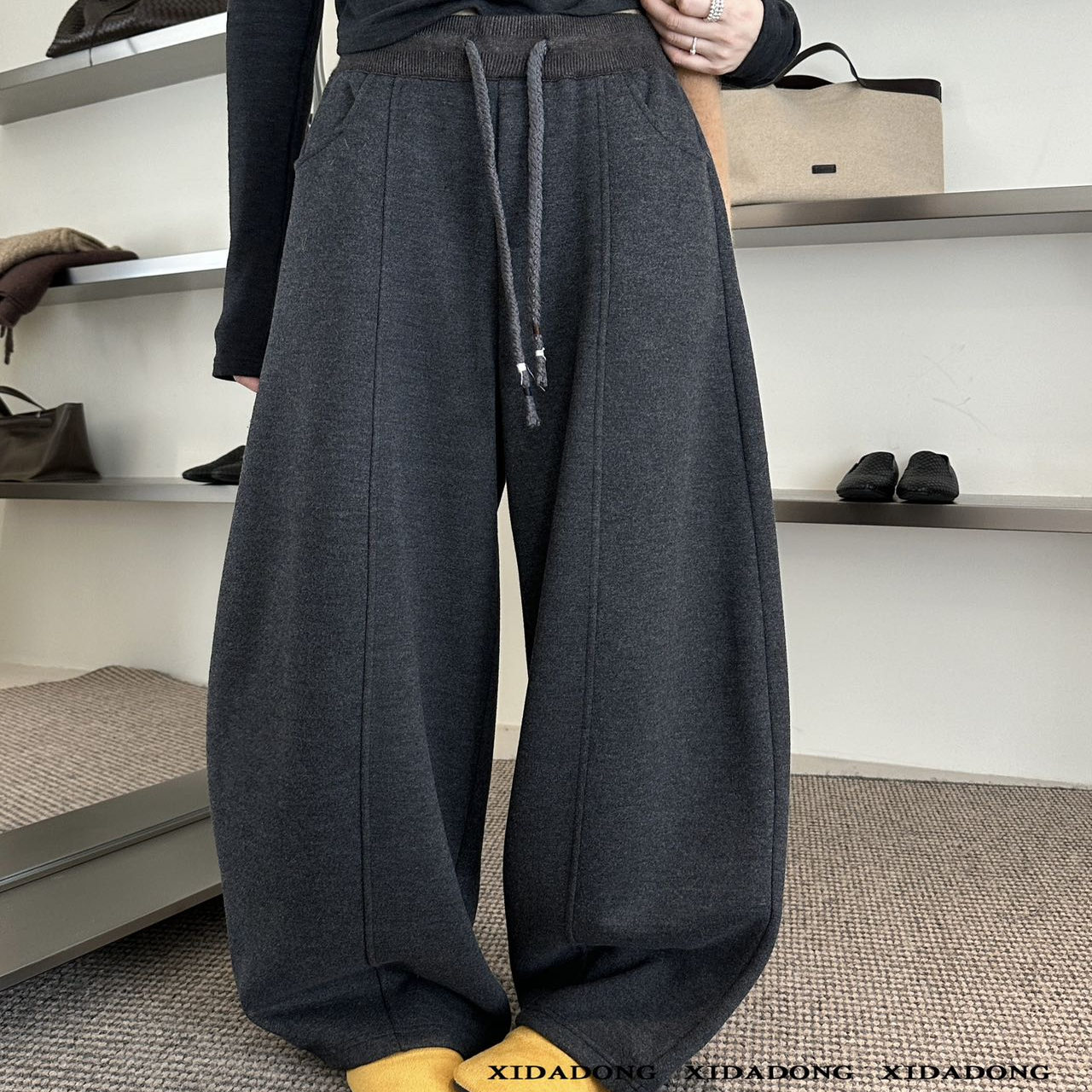 纯色宽松阔腿加绒卫裤休闲裤