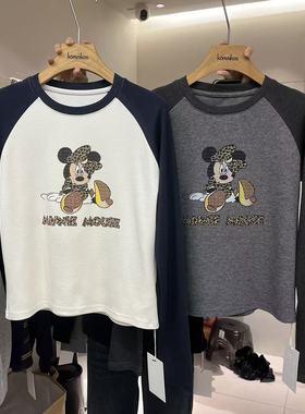 HANMIGAO 圆领字母卡通图案插肩袖拼色修身T恤上衣63222