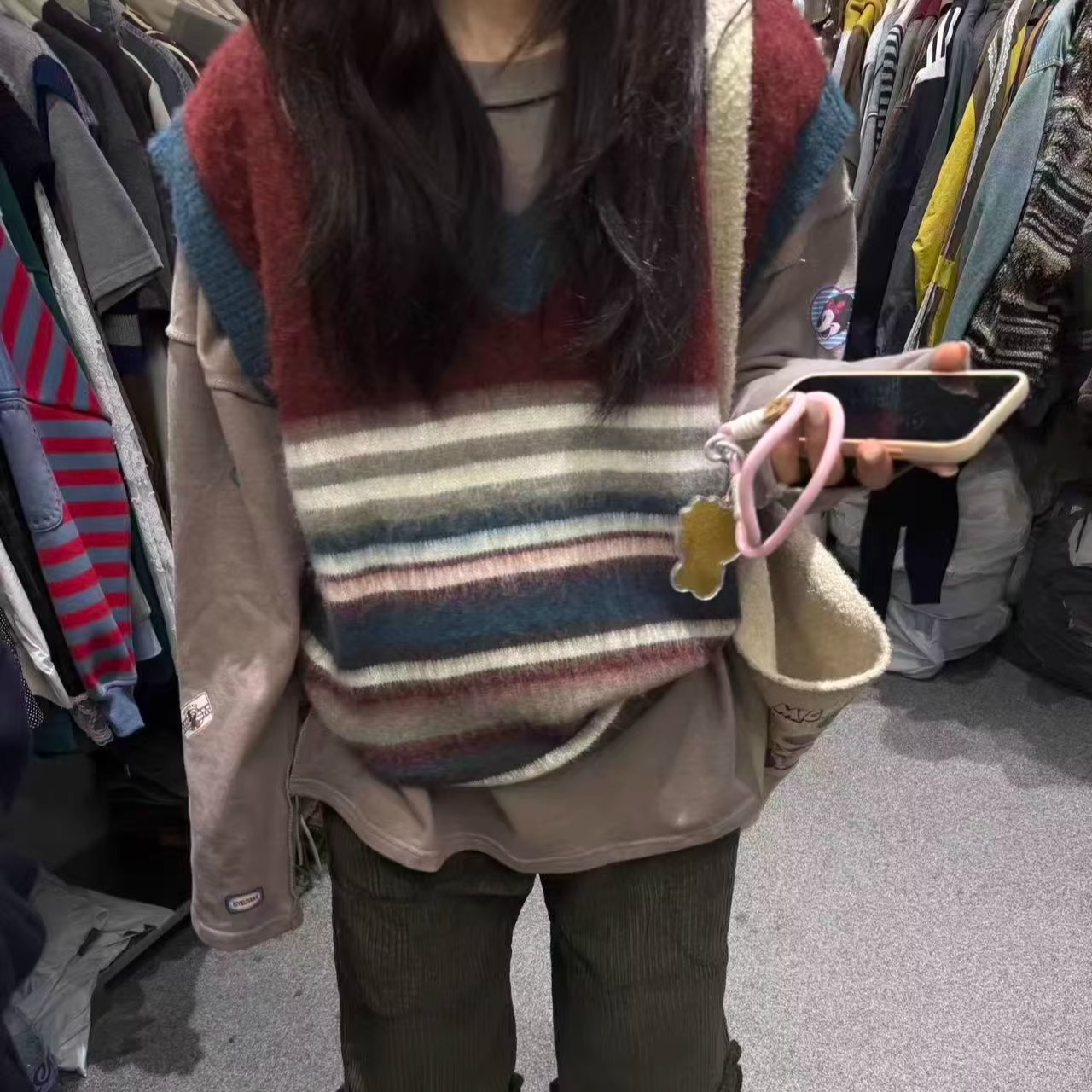 条纹拼色无袖背心针织衫套头马夹