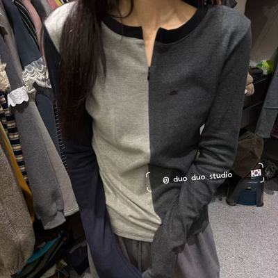 拼色设计感修身长袖T恤打底衫