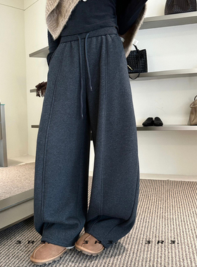 3R3 抽绳松紧腰纯色宽松阔腿加绒卫裤休闲裤弯刀裤66365