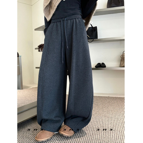 松紧腰纯色宽松阔腿加绒卫裤