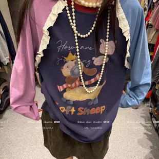 T恤 拼色宽松长袖 DUODUO 圆领字母卡通图案插肩袖