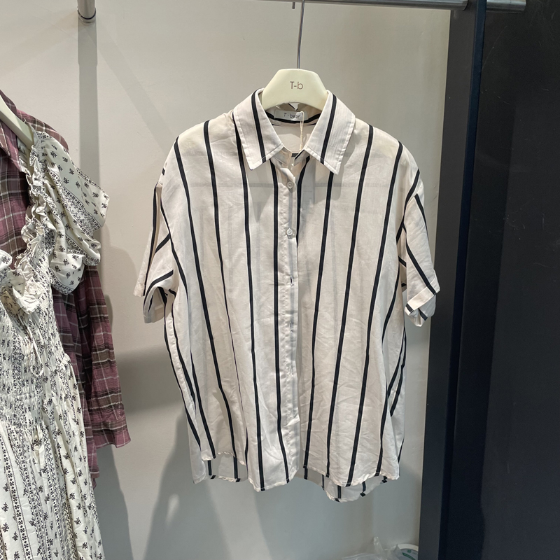 翻领竖条纹宽松短袖衬衫上衣开衫