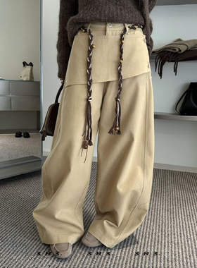 3R3 高腰纯色宽松阔腿假两件休闲裤西装裤拖地裤66303