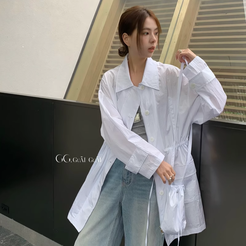松紧腰中长款风衣外套薄款防晒衣