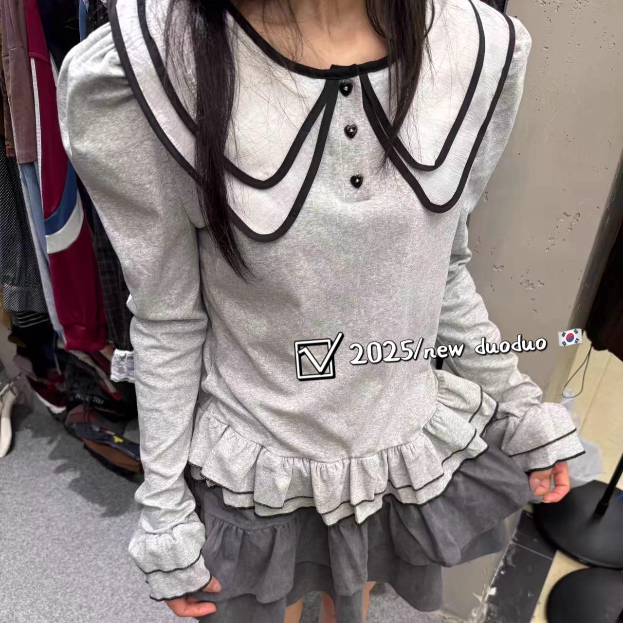 双层娃娃领下荷叶边显瘦长袖T恤