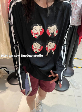DUODUO 圆领字母卡通图案边条蝴蝶结宽松薄款长袖T恤防晒衣30-1