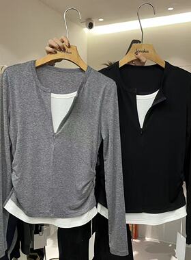 HANMIGAO 圆领半扣拼色两侧皱褶修身假两件T恤上衣63198