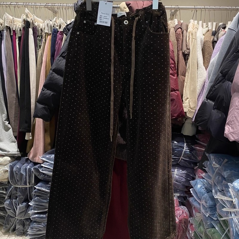 T.BEAR 松紧腰圆点灯芯绒宽松阔腿加绒休闲裤垂感拖地裤