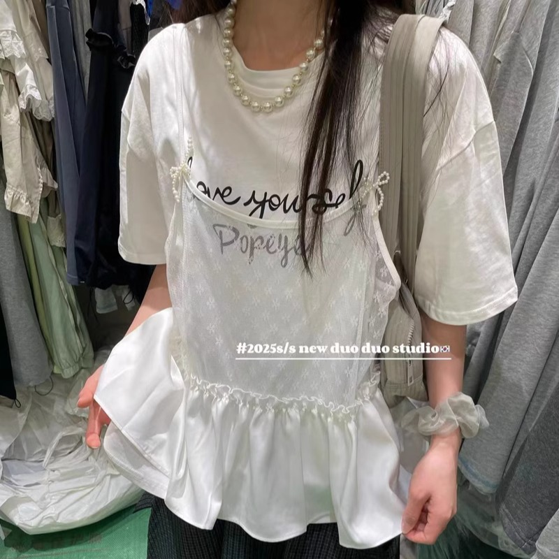 拼接蕾丝吊带荷叶边假两件T恤