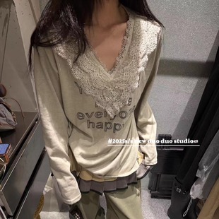 DUODUO T恤上衣 V领字母图案蕾丝荷叶边宽松长袖