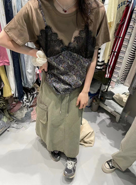 DUODUO 春夏新款圆领复古小碎花拼接蕾丝假两件短袖T恤打底衫211