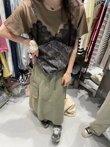 复古碎花拼接蕾丝假两件短袖T恤