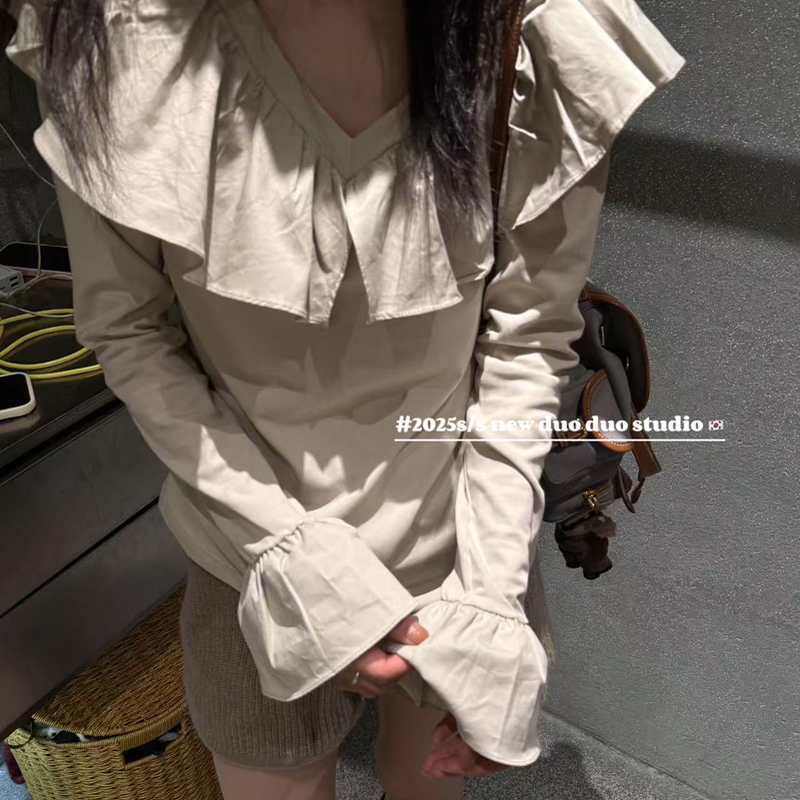 纯色荷叶边长袖T恤百搭上衣