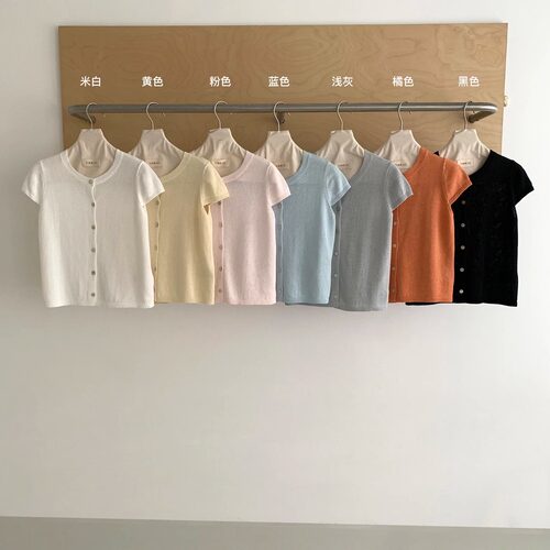 纯色简约单排扣短袖针织衫开衫